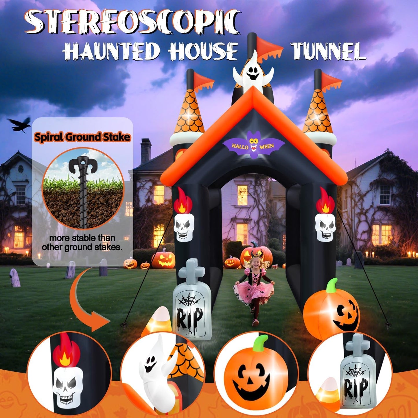 12FT Halloween Inflatable Archway with LED Light, Kalolary Large Haunted House Inflatable Ghost Pumpkin Blow up Tunnel Halloween Outdoor Yard Decoration for Halloween Party Home Lawn Family