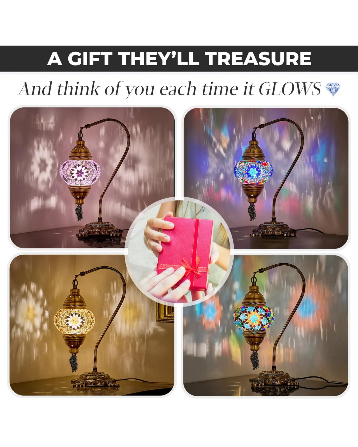 DEMMEX Turkish Moroccan Mosaic Table Lamp – Handcrafted Tiffany-Style Colorful Glass Swan Neck Bedside, Desk, Table Light, Boho Artisan Accent Lighting for Bedroom or Living Room – 15" H, Black White