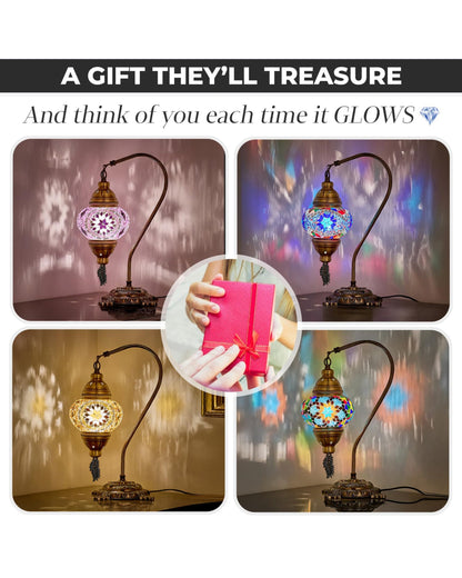 DEMMEX Turkish Moroccan Mosaic Table Lamp – Handcrafted Tiffany-Style Colorful Glass Swan Neck Bedside, Desk, Table Light, Boho Artisan Accent Lighting for Bedroom or Living Room – 15" H, Black White