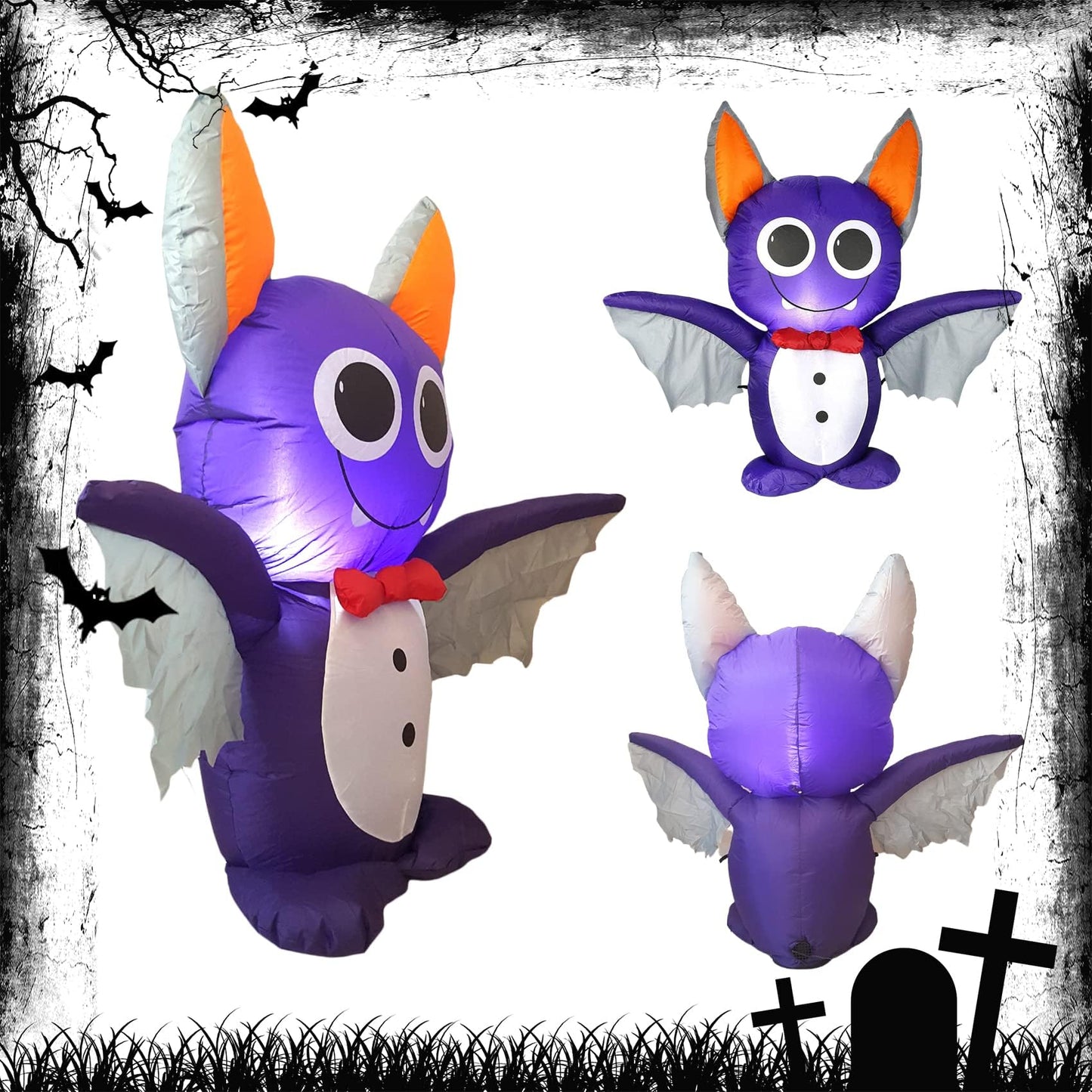 Dearsun 4FT H Adorable Halloween Inflatable Purple Bat with Build-in LED Lights Blow up Outer Indoor Decoration Large Party Yard Decoration
