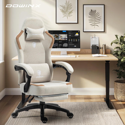 Dowinx Fabric Gaming Chair with Pocket Spring Cushion,Breathable Computer Chairs with Massage Lumbar Support and Footrest,High Back Game Office Chair for Adult,Beige