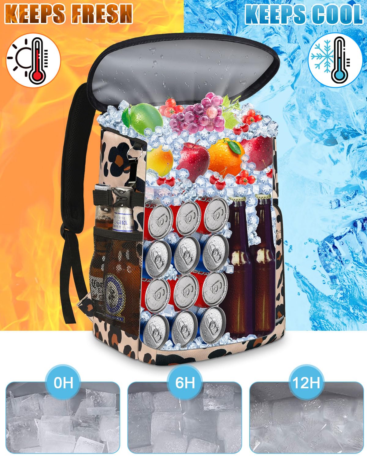 Cooler Backpack Insulated Leakproof Waterproof Backpack Cooler Bag 30 Cans, Large Capacity Lightweight Travel Camping Beach Drink Beverage Beer Bag Cooler Ice Chest for Men and Women, Leopard