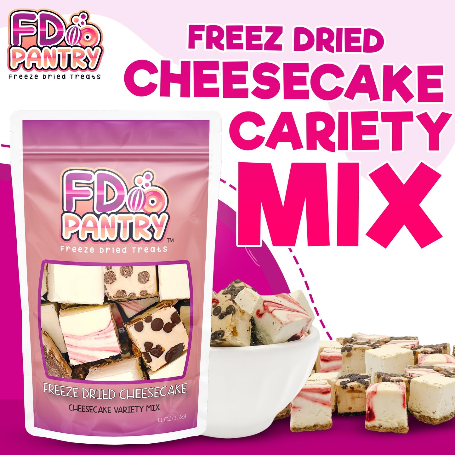 Freeze Dried Cheesecake Bites New York Style 4.1oz - Caramel, Chocolate Chip and Strawberry Cheesecake Swirl Freeze Dried Dessert - Mini Chocolate Cheesecake Bites in Resealable Bag - Ideal Gift Snack