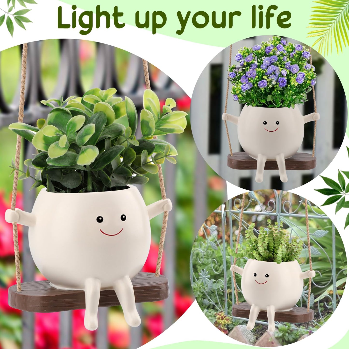 KIUGCO Glossy Swing Smiley Face Planter Pot Head, Small Hanging Planter for Indoor Outdoor Plants, Cute Hanging Flower Pot for String of Pearls Plant Live, Birthday Gifts