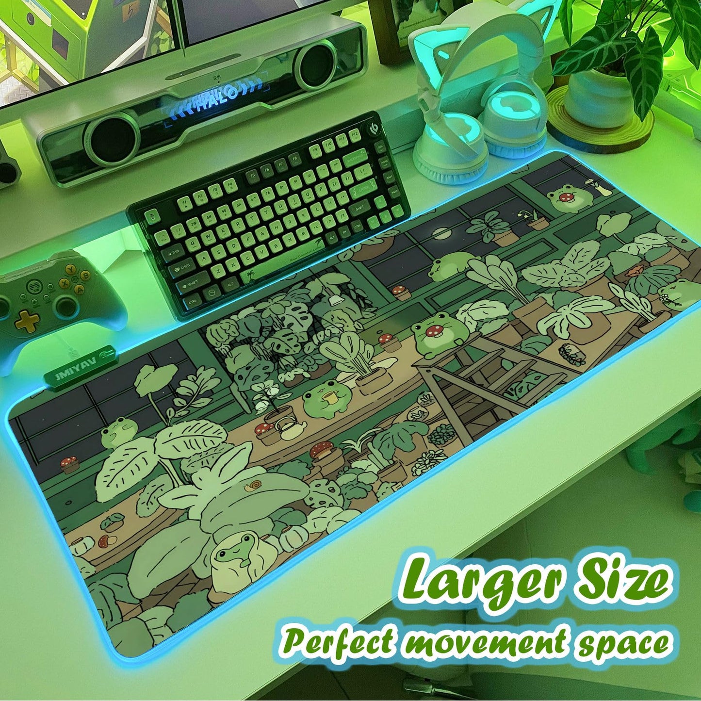 JMIYAV Little Frog RGB Green Gaming Mouse Pad 31.5x12 Inch PC XL Large Glowing Led Light Up Desk Pad Non-Slip Rubber Base Computer Cute Mousepad Mat Desk Accessories Gaming Setup 31.5x12 Inch