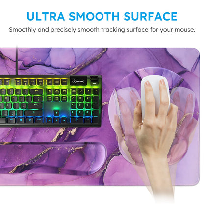 iCasso Purple Ergonomic Gaming Mouse Pad with Wrist Support, 4in1 XXL Large Desk Mat - Keyboard Wrist Rest + Mouse Wrist Rest + Coaster, Marble Style Desk Pad Mousepad