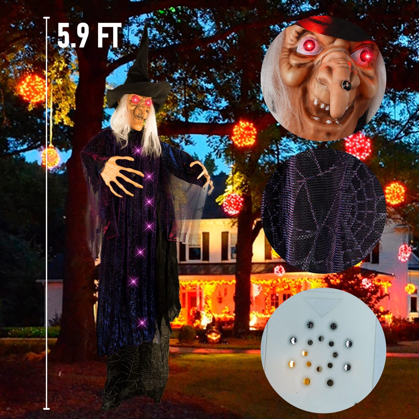 FUNPENY 6 FT Hanging Witch Outdoor Halloween Decorations, Light Up Hanging Witch with Sound Activation for Halloween Haunted House Props Party Supplies Yard Outdoor Indoor Decor