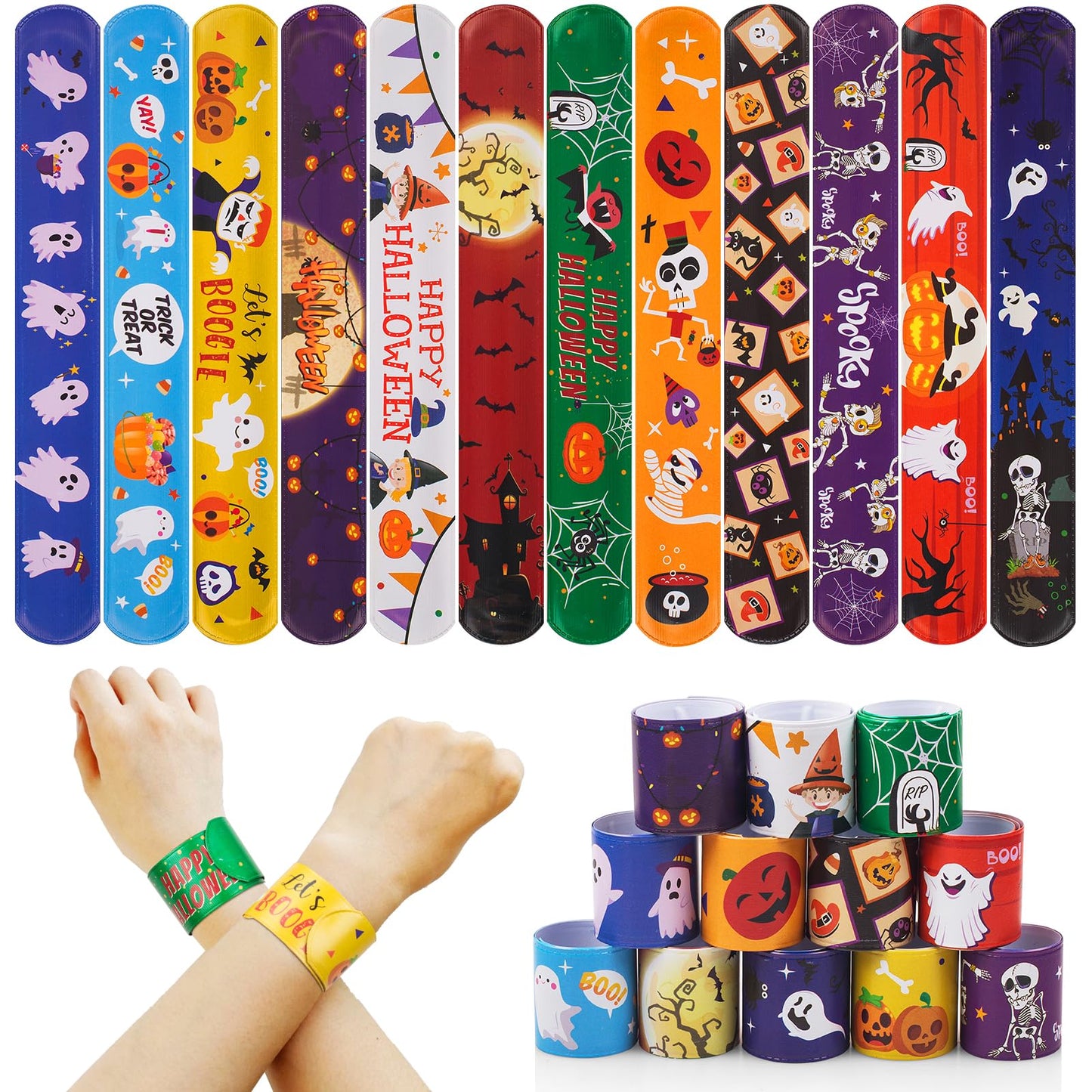 hexiaoxiao Halloween Slap Bracelets for Kids Halloween Party Favors Friendship Bracelets Bulk for Halloween Party Supplies Snap Bracelet Gifts Classroom Prizes Exchanging Gifts (36)