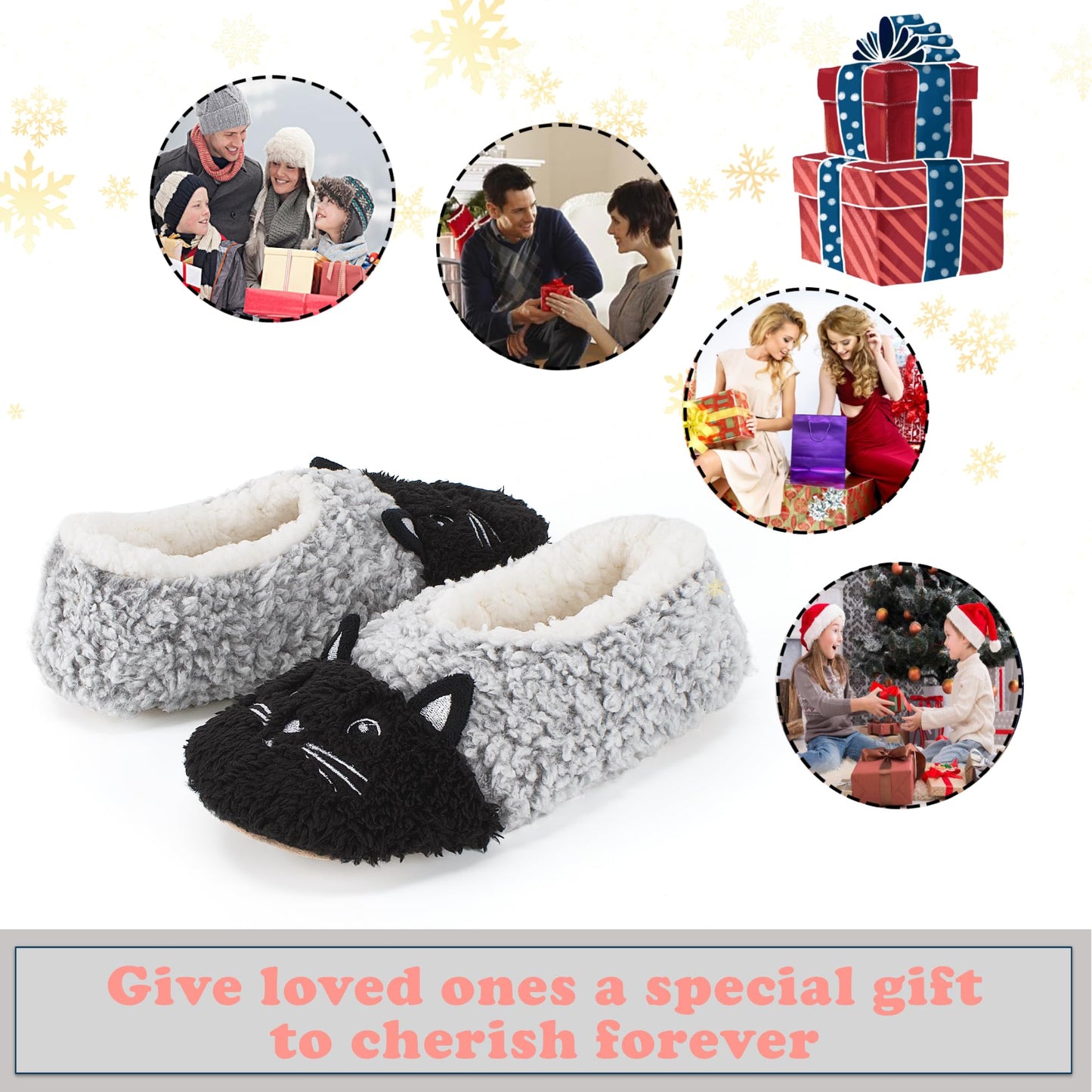 cosyone1997 Cute Slippers for Women Adults Kids Girls Teens, Fuzzy Bedroom Shoes Indoor, Soft Cozy Fluffy House Socks, Unique Funny Christmas Gifts for Mom Grandma Animal Lovers, Black Cat Size 7-8