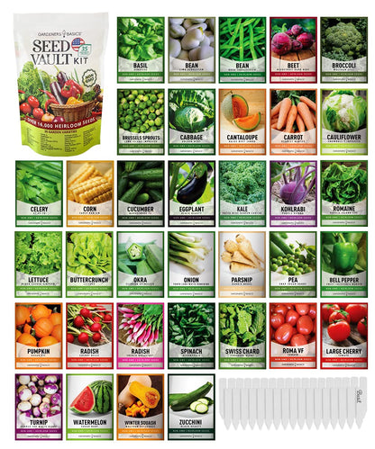Gardeners Basics Survival Vegetable Seeds Garden Kit Over 16,000 Seeds Non-GMO and Heirloom, Great for Emergency Bugout Survival Gear 35 Varieties Seeds for Planting Vegetables 35 Free Plant Markers