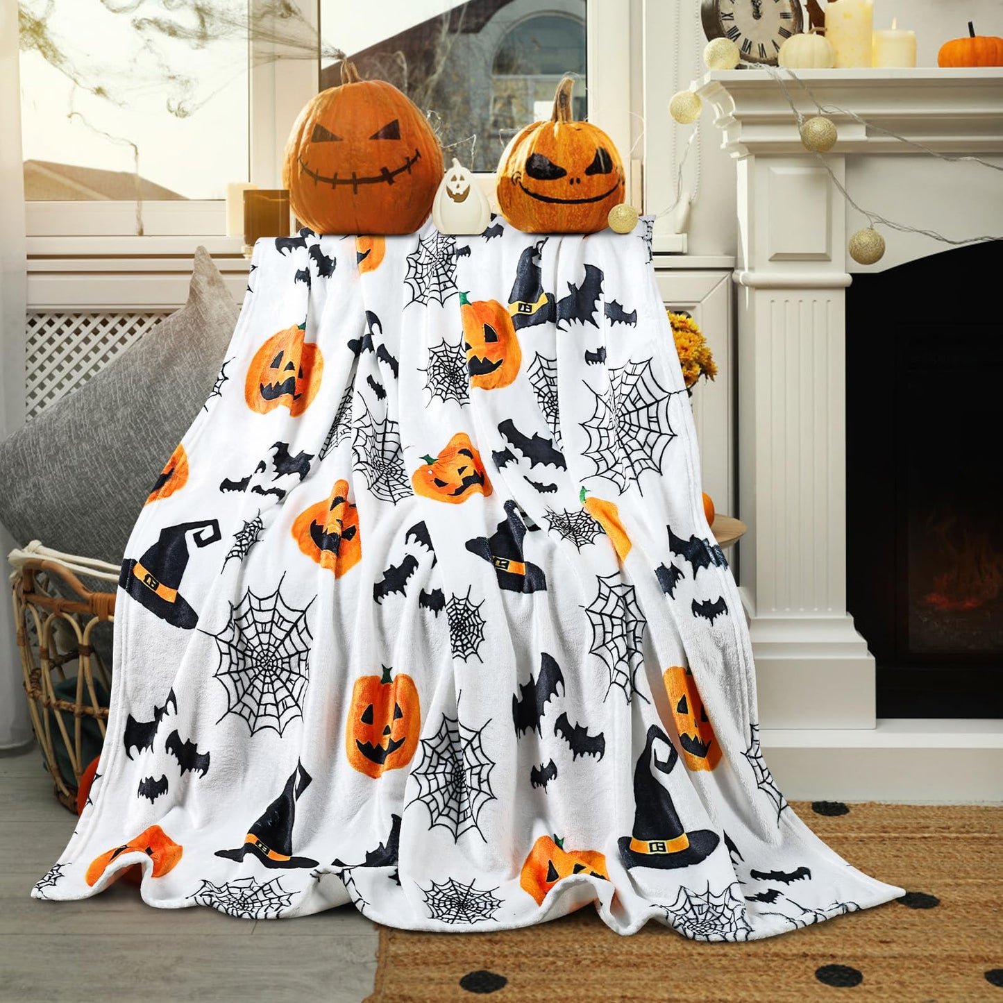 Halloween Throw Blanket - Cute Halloween Blanket & Fall Throw Blanket 50x60 Inch - Soft Flannel Cozy Blanket with Pumpkin, Spider Web, Witch Hat Design for Christmas, Thanksgiving