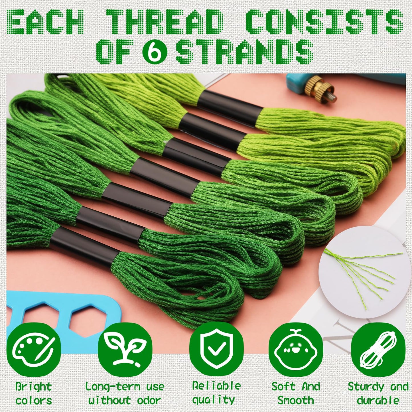 Dercuy 25 Skeins Green Series Cross Floss Stitch Thread, 8m Cotton Embroidery Floss Set with Plastic Bobbins & Needle