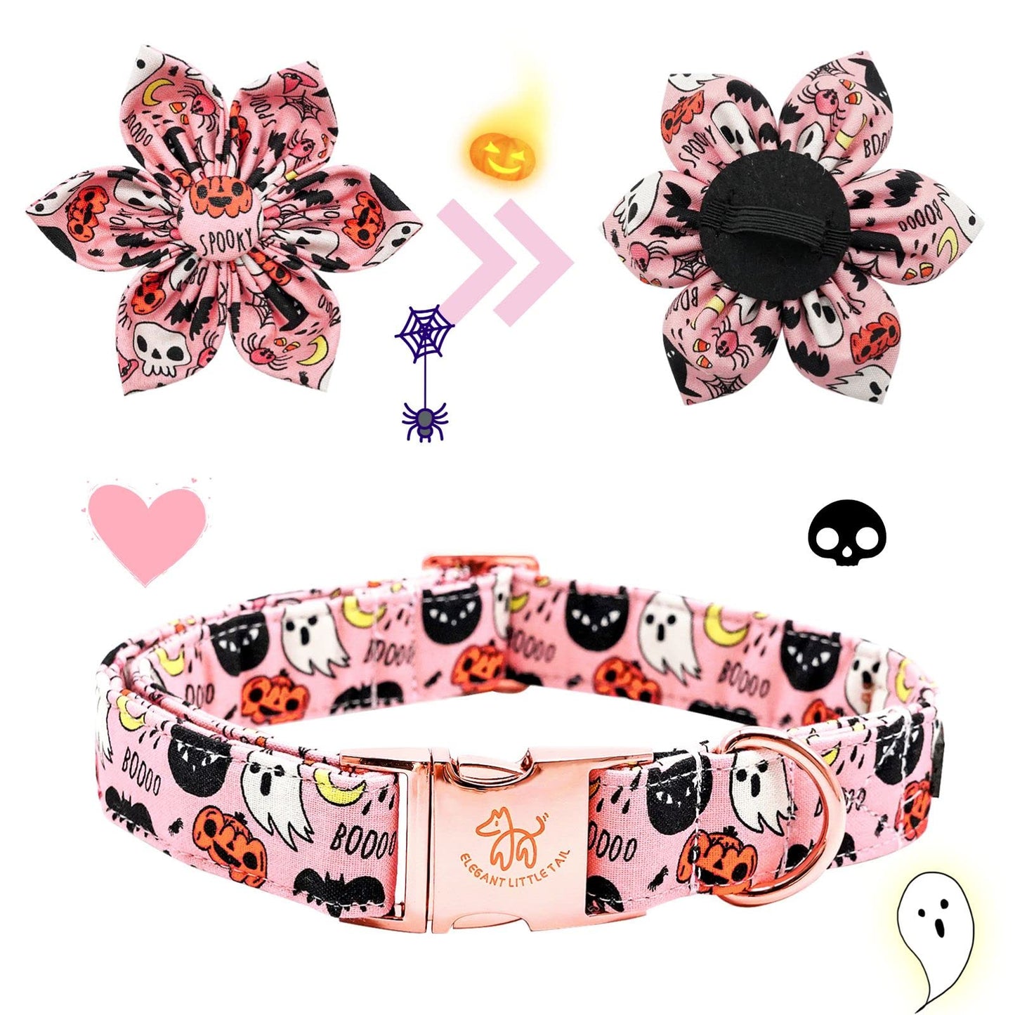 Elegant little tail Dog Collar with Flower, Fall Dog Collar Halloween Pumpkin Flower Collar Dog Girl Pet Collar Dog Collars for Large Dog