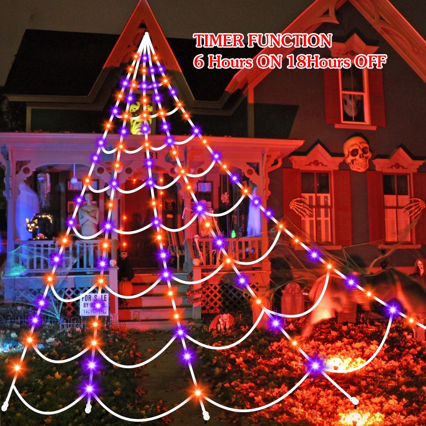 Halloween Decorations Outdoor Spiders Web Lights: 150 Purple & Orange LED Light Decor, 17.4Ft Giant Spiderweb with 8 Lighting Modes Waterproof & Timer, Yard Spider Web Decoration