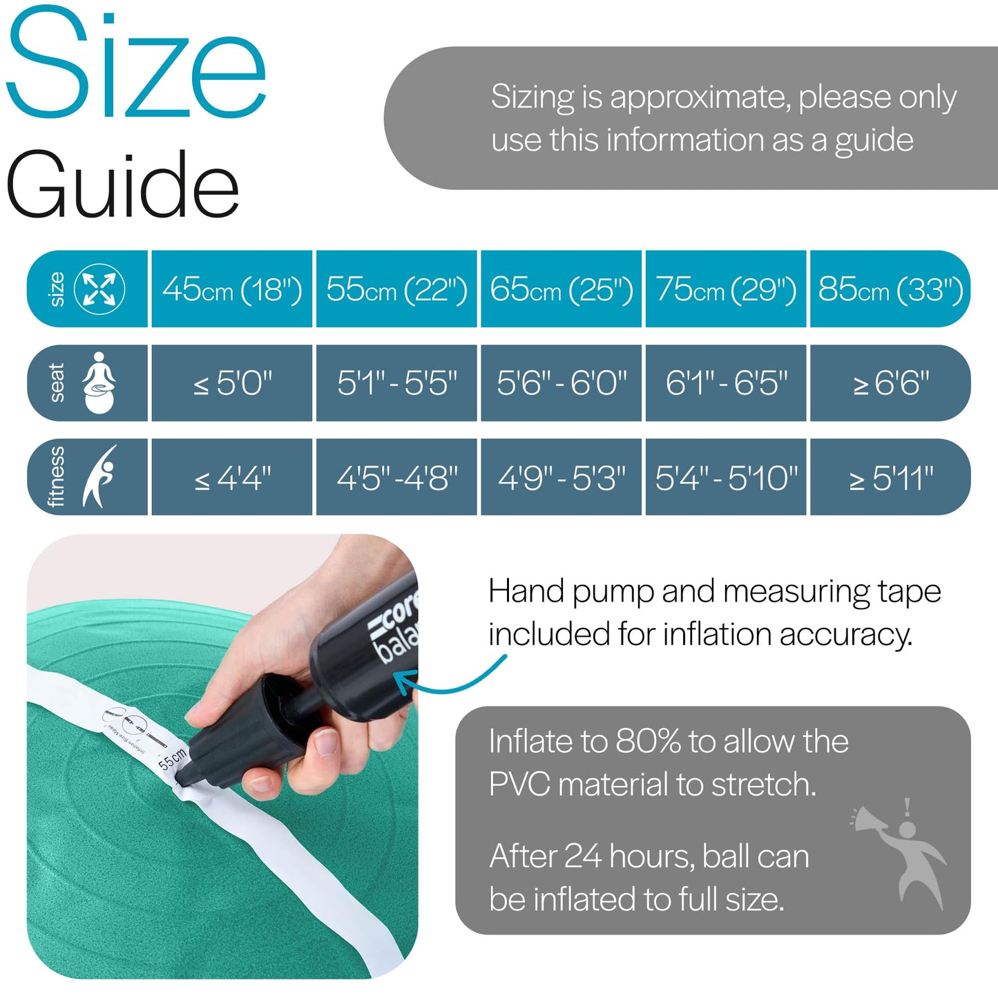 Core Balance Exercise Ball for Workouts, Anti-Burst and Slip Resistant, Swiss Yoga Ball for Pregnancy, Stability, Fitness and Physical Therapy, 4 Sizes, with Pump (25" / 65cm Teal)