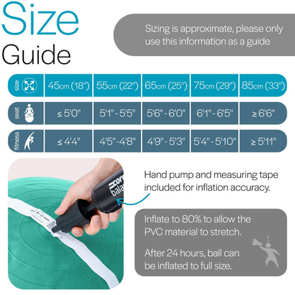 Core Balance Exercise Ball for Workouts, Anti-Burst and Slip Resistant, Swiss Yoga Ball for Pregnancy, Stability, Fitness and Physical Therapy, 4 Sizes, with Pump (25" / 65cm Teal)