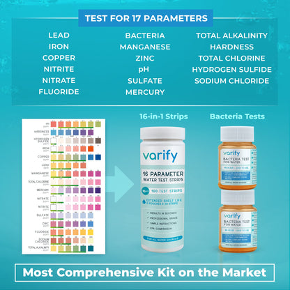 Varify 17in1 Complete Drinking Water Test Kit - 100 Strips + 2 Bacteria Tester Kits - Well, Tap, Home, City Water Testing Strip for Lead, Alkaline, Chlorine, Hardness, Iron, Fluoride, Copper & More