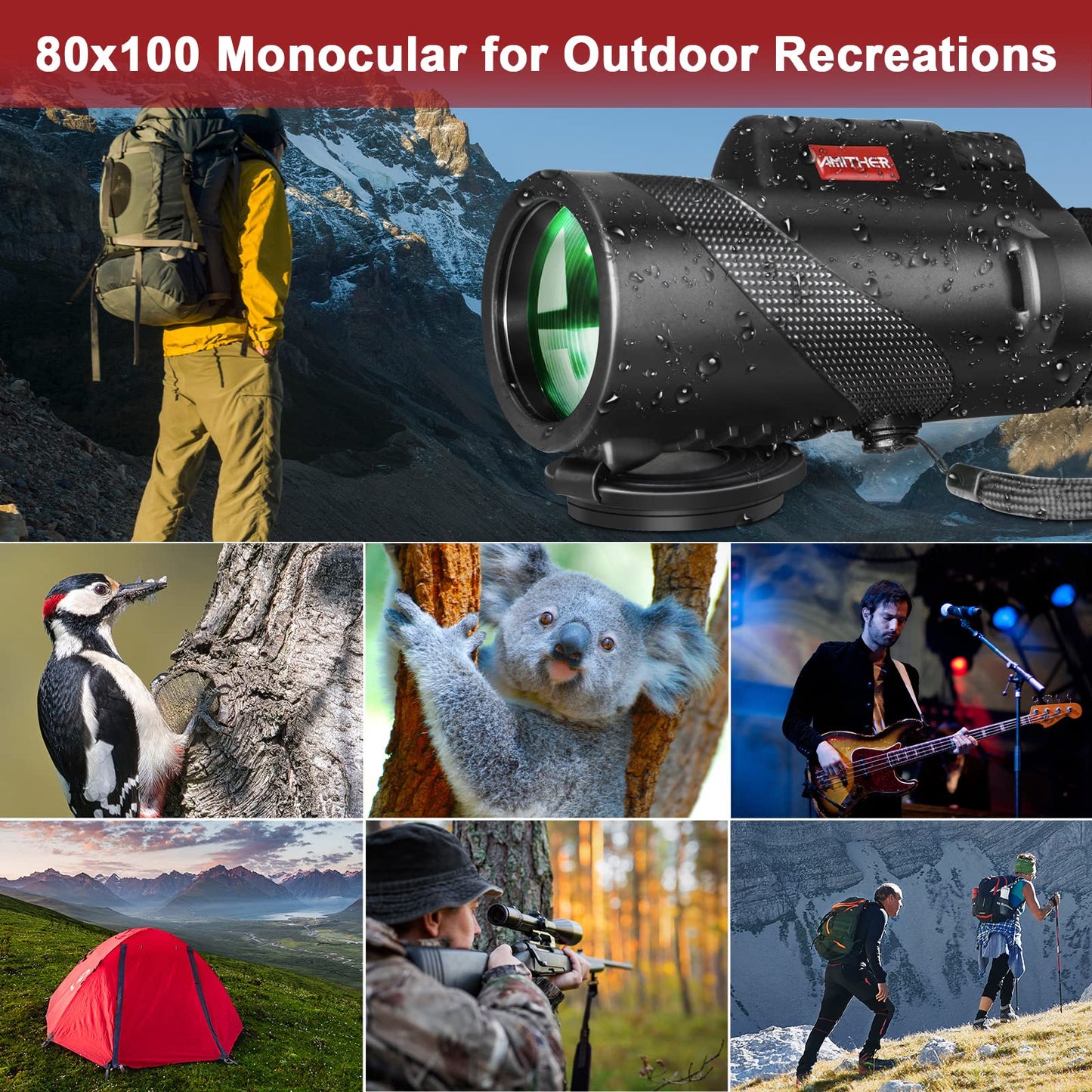80x100 Monocular Telescope for Smartphones - High Powered HD Monocular with Tripod & Adapter, Low Light Vision for Adults - for Wildlife, Bird Watching, Hunting, Hiking