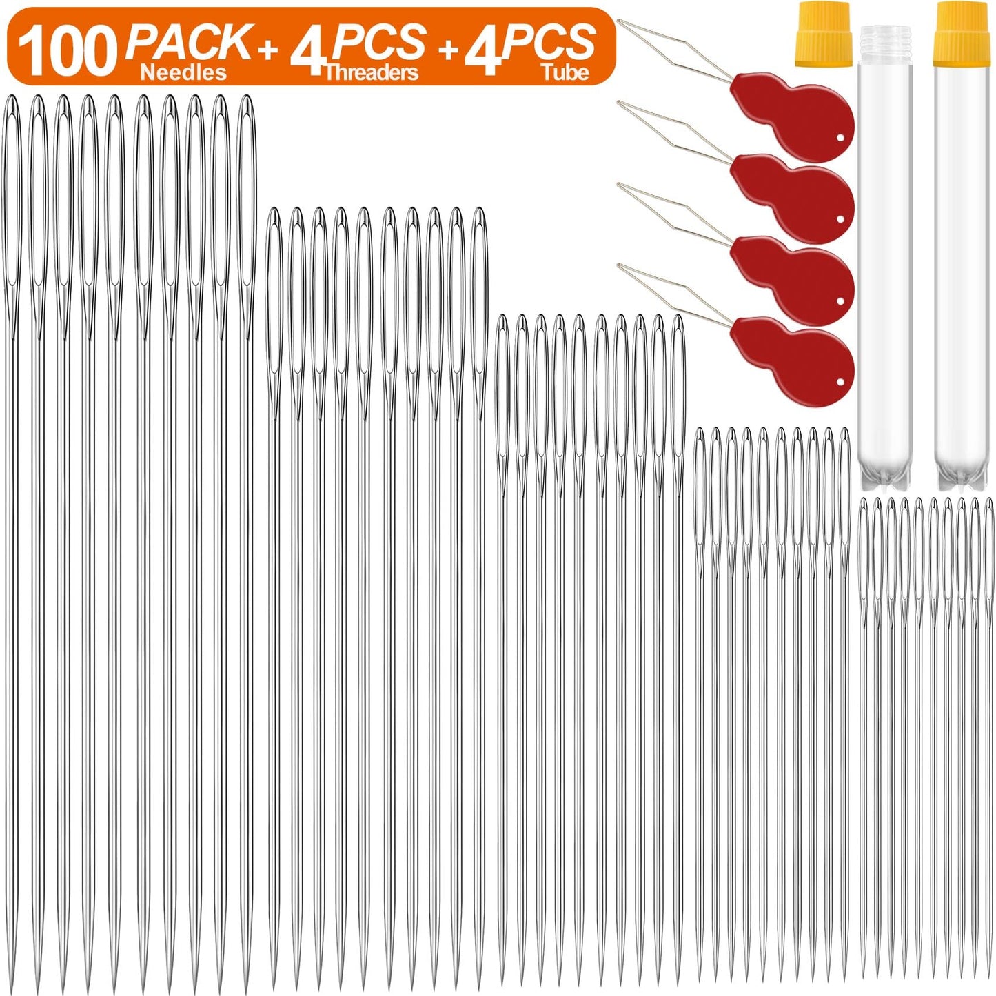 100 Pack Premium Large Eye Needles for Hand Sewing with 4 Needle Threaders, Assorted Sizes, Embroidery Needles for Hand Sewing, Sewing Needles Large Eye, Big Eye Needle