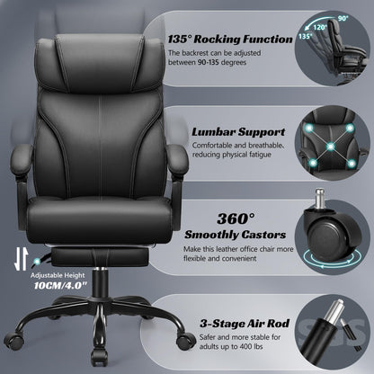 HeroSet Office Chair, Executive Leather Chair Big and Tall Ergonomic Computer Desk Chair, Comfy Swivel Rolling Reclining Lumbar Support Task Chair with Adjustable High Back Foot Rest for Home Gaming