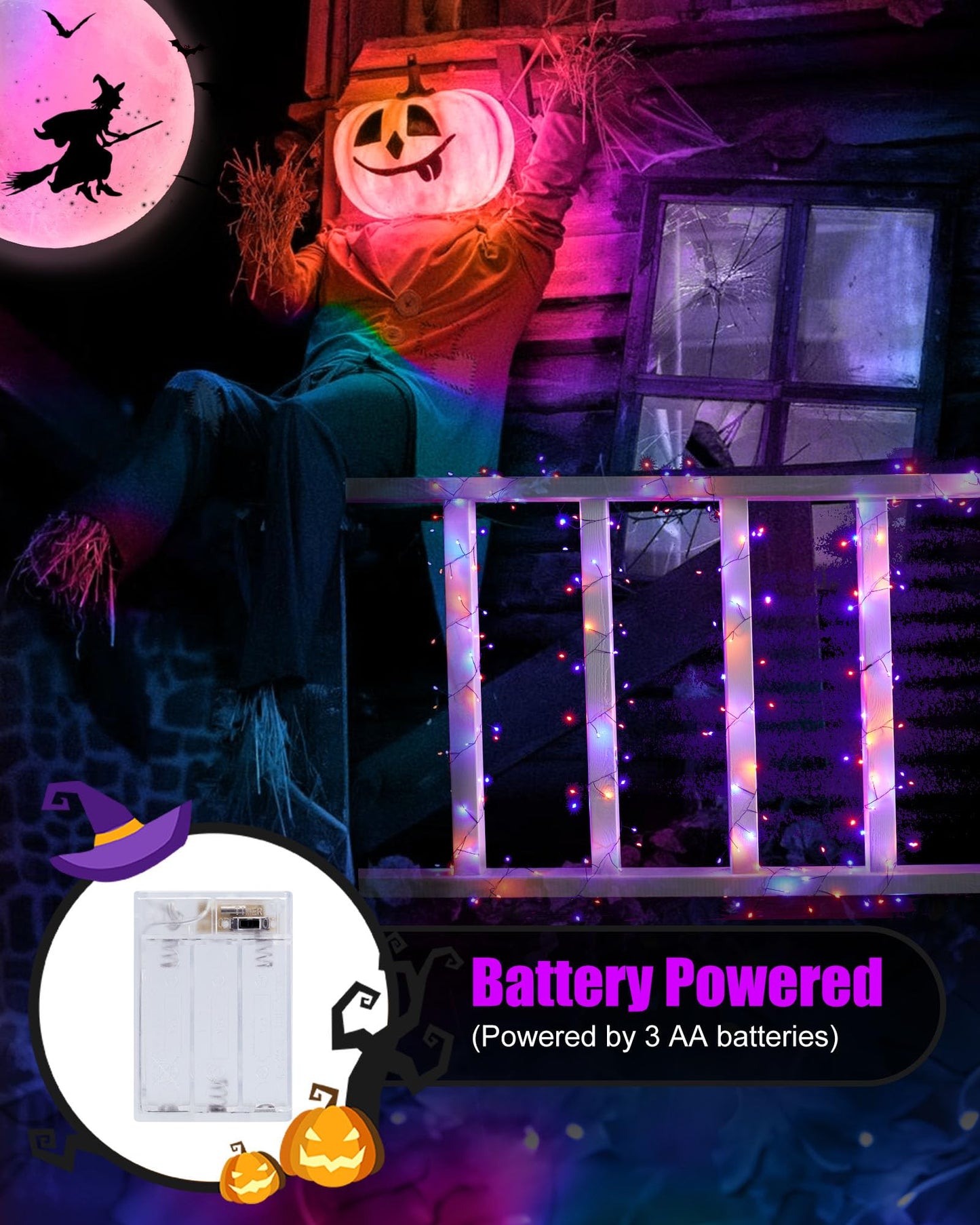 Fairy Lights Battery Operated, Twinkle String Lights Waterproof Silver Wire 5 Feet 60 Led Firecracker Starry Lights for DIY Wreath Party Bedroom Mason Jar Indoor Halloween Decoration, Orange & Purple