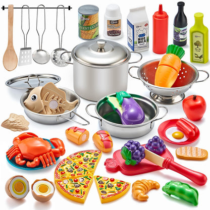 Kidsciety Pretend Play Accessories - 52pc Kids Kitchen Playset with Play Food, Stainless Steel Cookware, Toys Pots and Pans, Toddler Kitchen Set with Cuttable Toy Food - Boys and Girls Gift