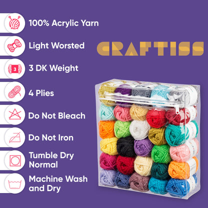 CRAFTISS 30x0.7Oz Acrylic Yarn Mini Skeins - 1300 Yards of Soft Yarn for Crocheting and Knitting Craft Project, Assorted Starter Crochet Bulk Kit for Adults and Kids