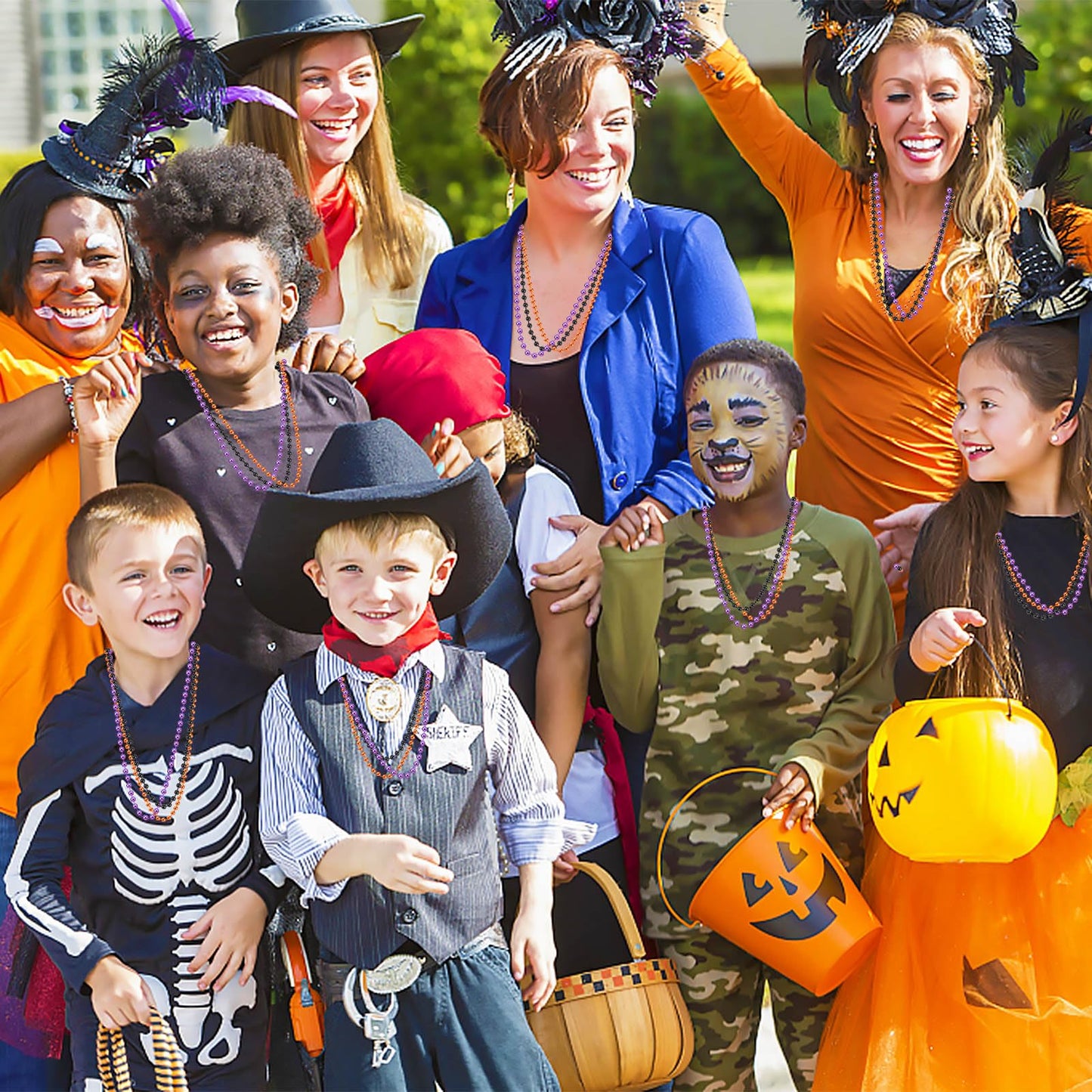 JULBEAR Bulk Halloween Beads Necklaces, 30 pcs Mardi Gras Black Orange Purple Bead Necklace for Holiday Party Favors Carnival Decorations Accessories Supplies