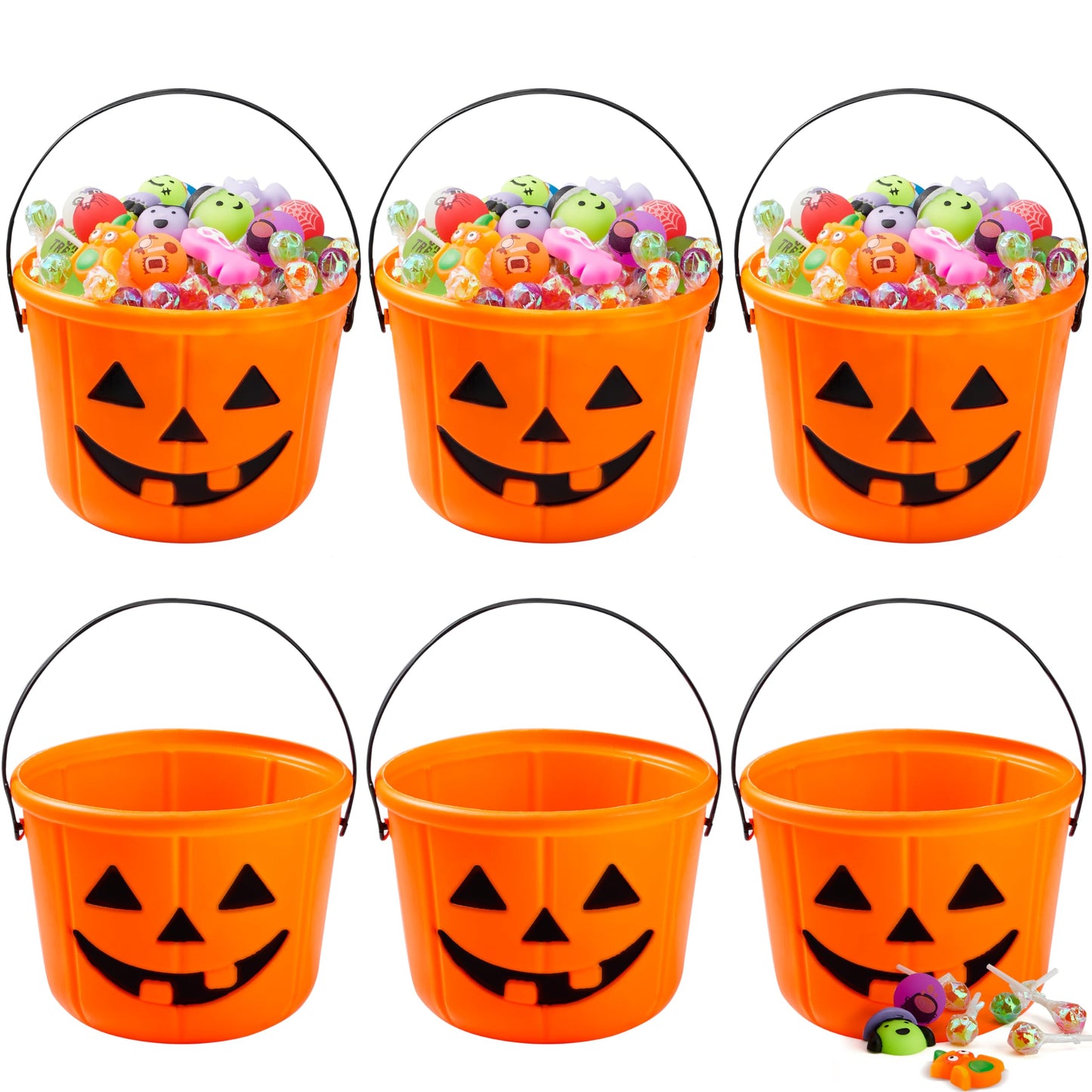 JOYIN 6PCS Halloween Trick or Treat Pumpkin Bucket, Jack O Lantern Candy Basket and Buckets for Trick or Treating, Orange Halloween Pails with Handle for Kids Party Favors Supplies Props