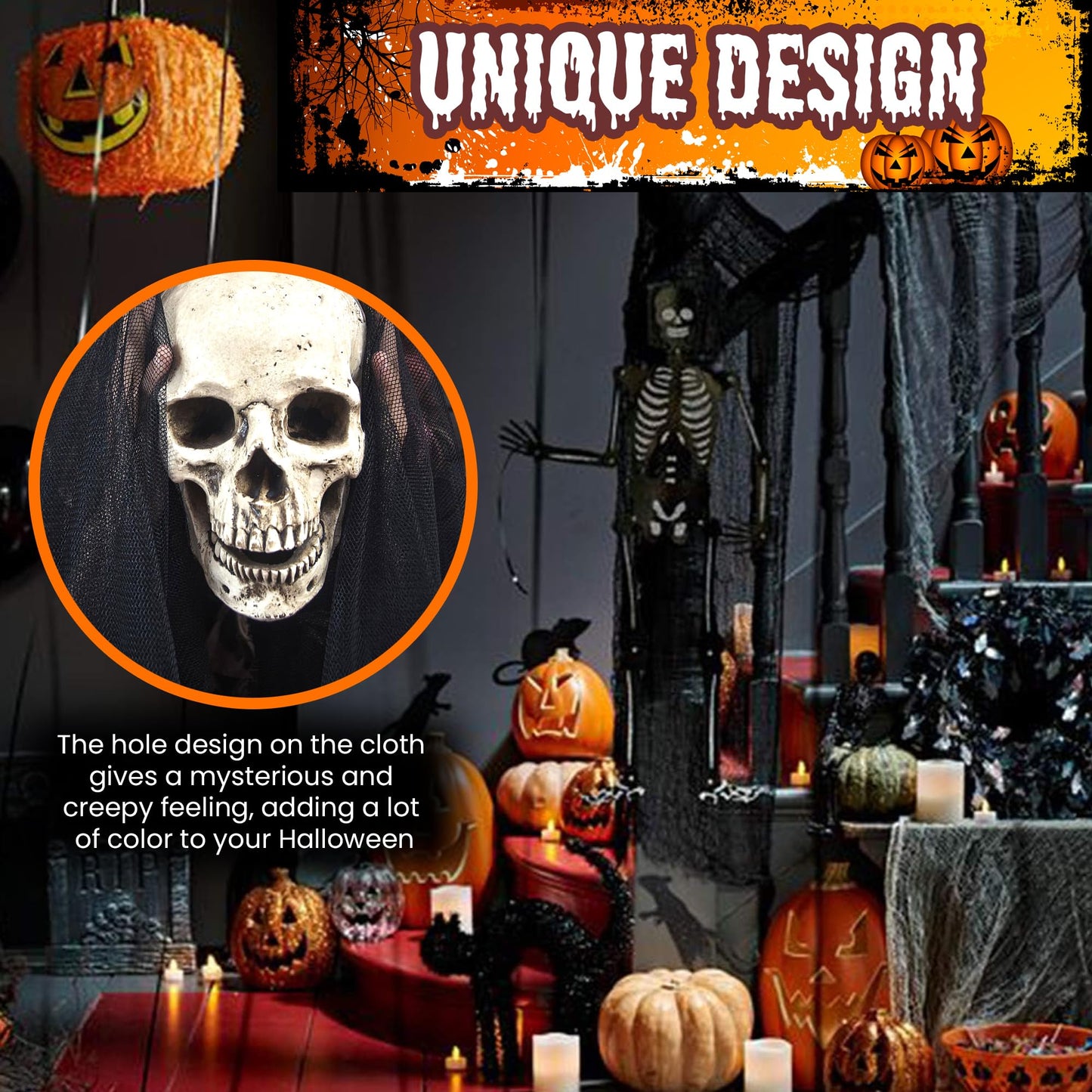 (48 x 240 in.) Halloween Creepy Cloth, DealKits Spooky Giant Cheese Cloth Tapestry for Halloween Party Supplies Decorations Outdoor Yard Home Wall Decor, Black