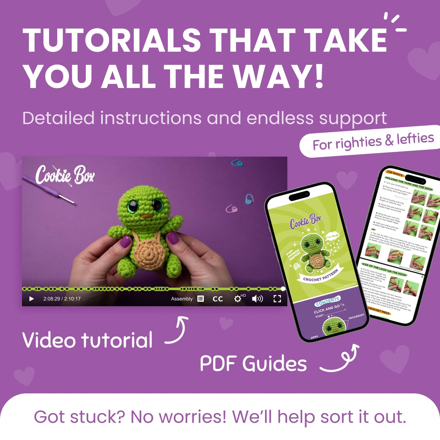 Cookie Box Crochet Kit for Beginners - Learn to Craft Amigurumi Stuffed Animals - Knitting Gift for Kids and Adults - Beginner-Friendly Yarn - Stitch-by-Stitch Video Tutorial - Turtle Hugo