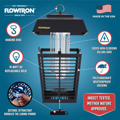Flowtron Electric Bug Zapper 1/2 Acre Outdoor Insect Control with Dual Lure Method, 15W UV Light & Octenol Attractant for Fly & Mosquito, 5600V Kill Grid, Made in USA, UL Certified