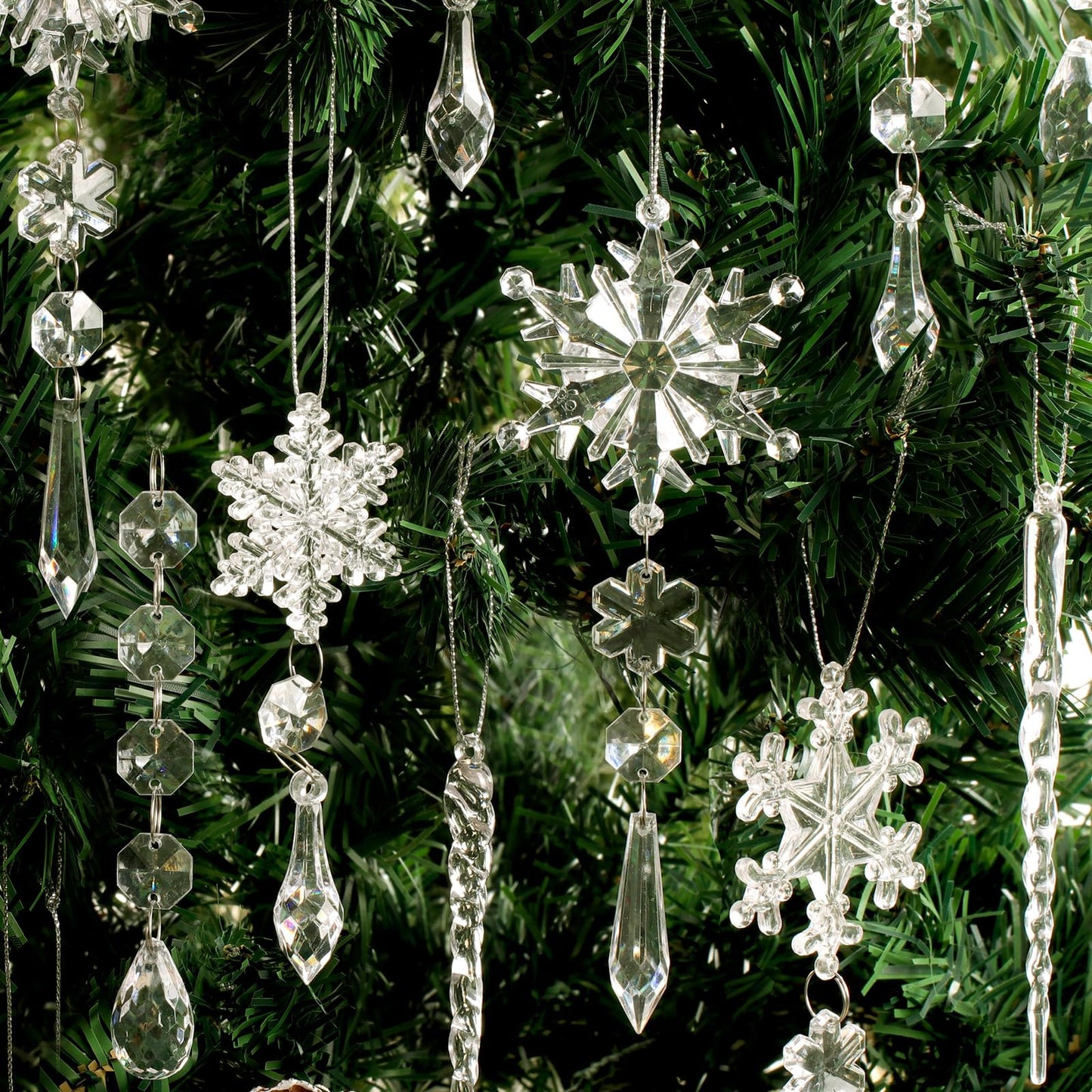 20pcs Christmas Ornaments Set for Tree Decorations- Hanging Acrylic Crystal Snowflake Icicle Drop Decorations for Winter Christmas Tree New Year Party Supplies