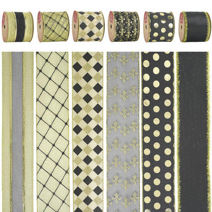 HUIHUANG Black Wired Ribbon for Christmas Tree Black and Gold Christmas Ribbons for Tree Decorations, Bows, Wreaths, Garland, Gift Wrapping, Crafts, Home Decor (2-1/2" x 6 Rolls, 36 Yds Total)