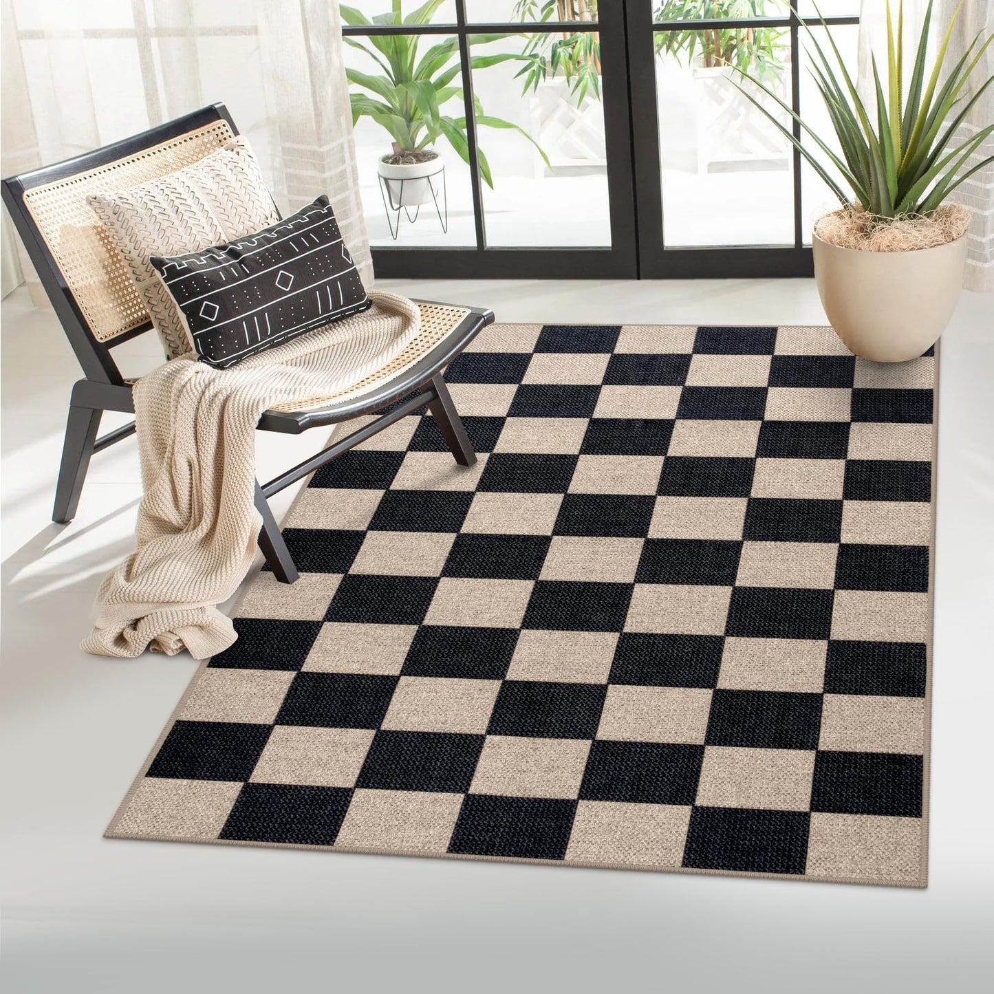 Lahome Checkered Easy Jute Carpet, 3x5 Outdoor Patio Rug Washable Rugs for Entryway Checkerboard Indoor Outdoor Living Room Classroom Carpet, Farmhouse Neutral Non Slip Black Door Mat for Bedroom