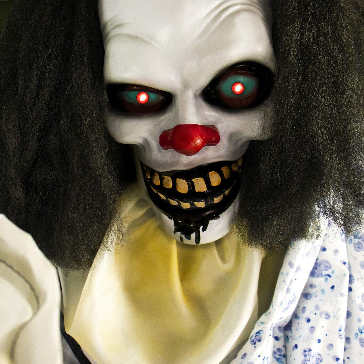 Haunted Hill Farm Life-Size Animatronic Scary Talking Clown with Doll, Motion, Touch Activated Lights, and Sounds, Indoor or Covered Outdoor Halloween Decorations, Battery Operated Halloween Props