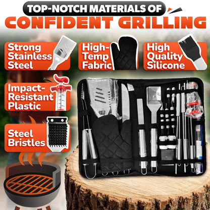 Grilling Accessories (27-Piece) – All in One BBQ Accessories Grill Tool Set Stainless Steel Barbeque, Organized Storage – 27 Essential Tools for Effortless Cooking, Camping & Backyard Barbeque