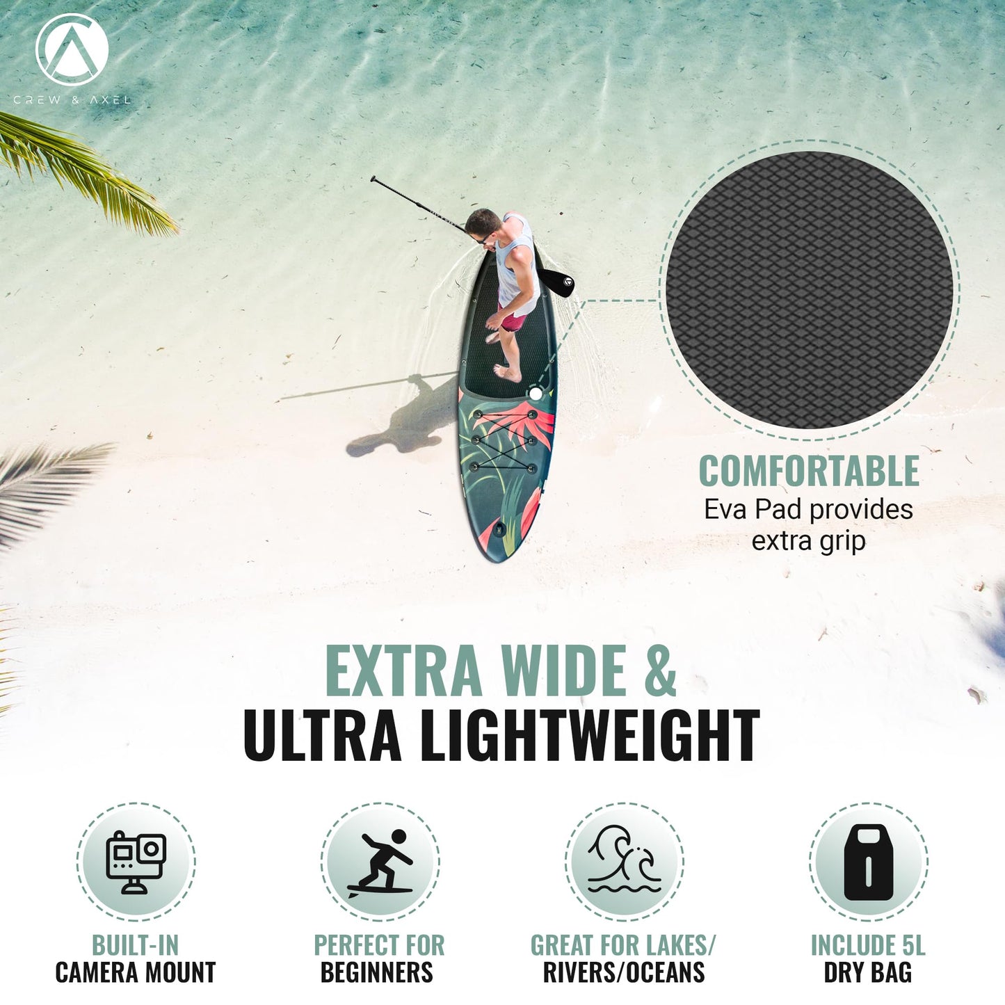 Crew Axel Inflatable Paddle Board 10’33’6” Extra Wide & Lightweight (18lb) Paddle Board – Premium SUP Set Includes 2 Bags, Floating Paddle, Camera Mount, 3 Fins, Dual Pump Kit (Floral 911)