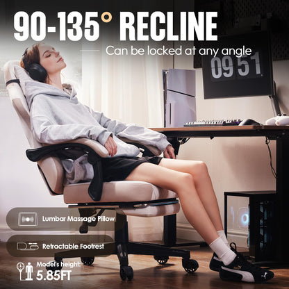 Dowinx Gaming Chair Fabric with Pocket Spring Cushion, High Back Ergonomic Computer Chair with Footrest for Adults, Massage Lumbar Support Swivel Game Chair for Office Gaming 300LBS, Beige