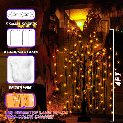 EAMBRITE Halloween Tree 4 FT 180 LED Black Willow Tree with Orange Purple Fairy Lights and Spider Web, Lighted Spooky Artificial Tree for Indoor Outdoor House Home Halloween Decorations