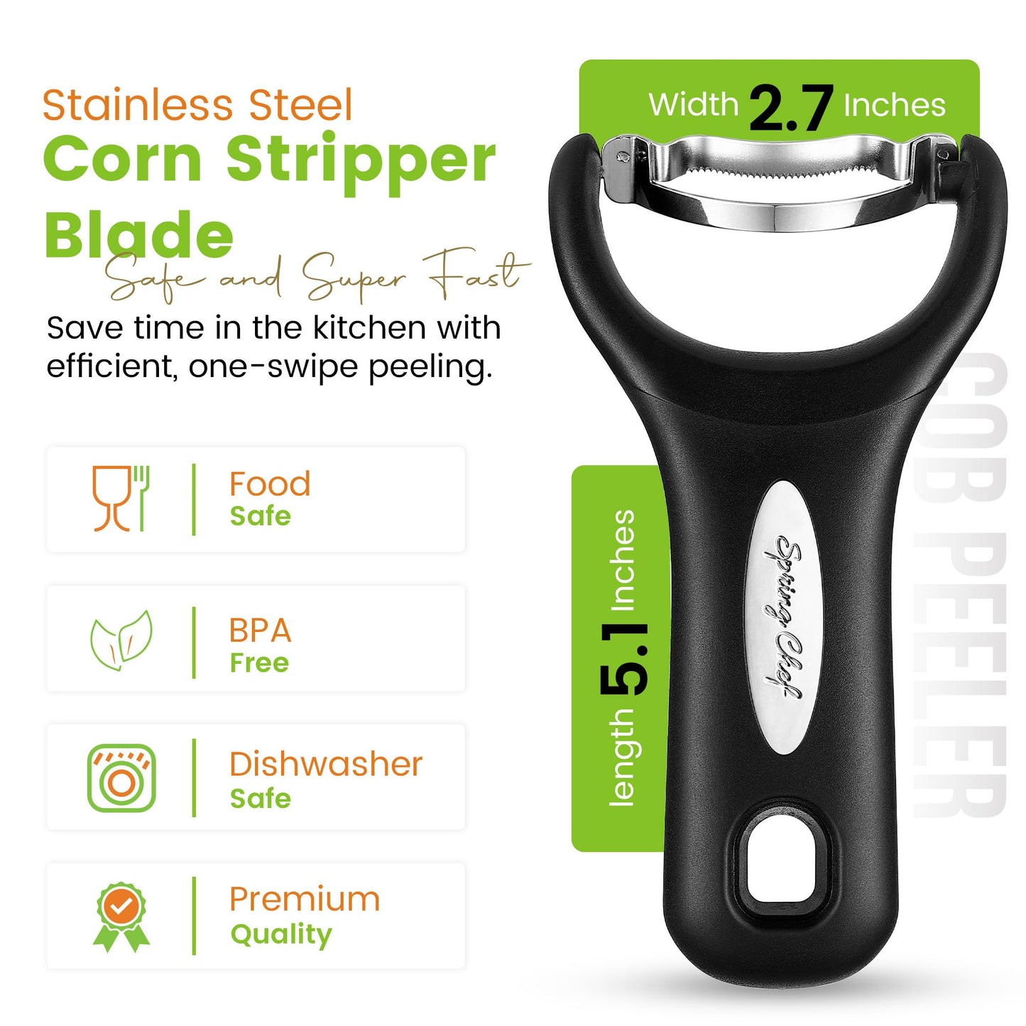 Spring Chef Stainless Steel Corn Peeler – Corn on the Cob Stripper Tool – Durable & Efficient Kernel Remover Tool – Easy to Use Kernel Cutter - Dishwasher Safe Kitchen Gadget - Black