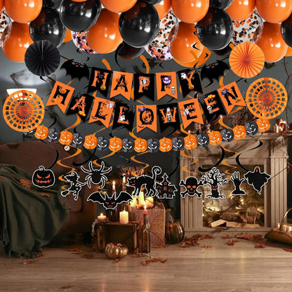 Happy Halloween Trick or Treat Banner Paper Fan Balloons & Swirl Streamers Goul Bat Cat Bird Ghost Pumpkin Lantern for Party Decorations