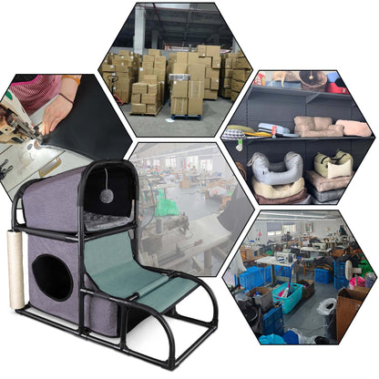 Goetland PVC Modern Cat Condo House Tree Medium Tower Bed Scratching Post Climber With Peek Hole and Dangling Ball for Kitty Indoors Dark Grey