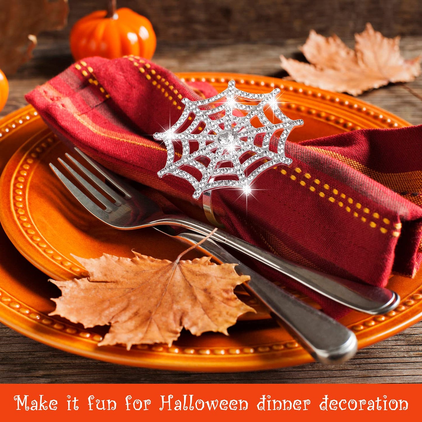 12 Pieces Spider Napkin Rings Halloween Napkin Ring Spider Web Napkins Rings Set Metal Spooky Napkins Holder Serviette Buckle Party Supplies for Halloween Dinning Costume(Silver,with Rhinestone)