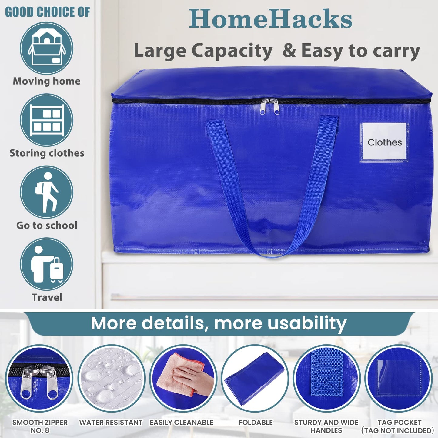 HomeHacks Moving Bags, 8-Pack Heavy Duty with Strong Zippers and Handles Collapsible Moving Supplies, Storage Totes for Packing & Moving Storing 93L-8 Pack (Blue)