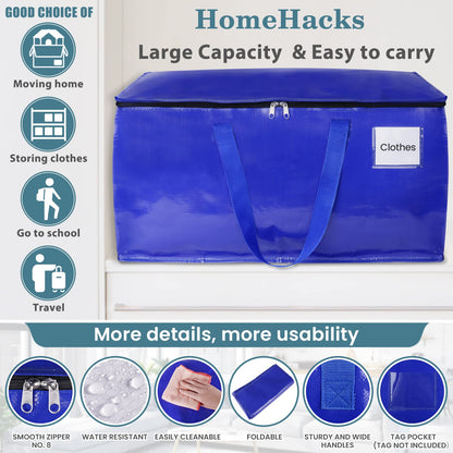 HomeHacks Moving Bags, 8-Pack Heavy Duty with Strong Zippers and Handles Collapsible Moving Supplies, Storage Totes for Packing & Moving Storing 93L-8 Pack (Blue)
