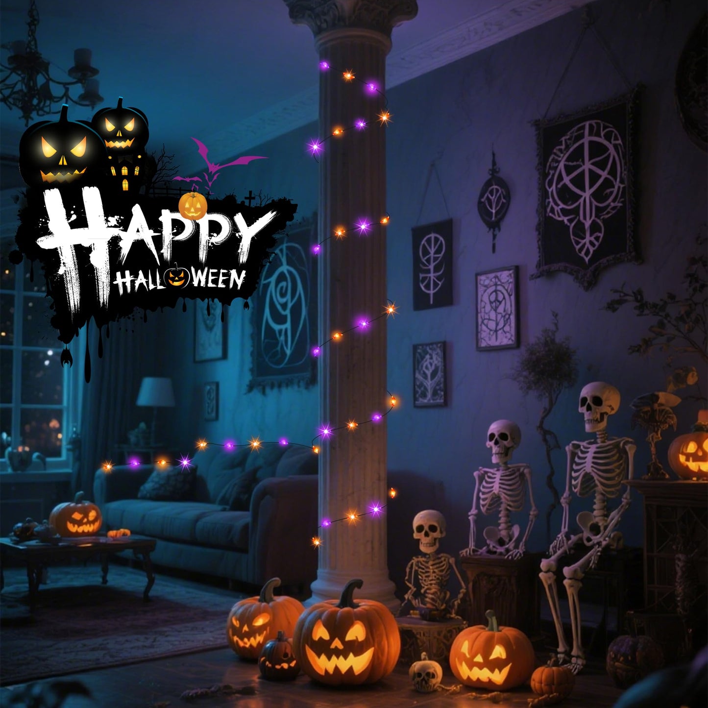 200LED Solar Halloween Lights，78FT Orange& Purple String Lights，Solar Fairy Lights with 8 Modes， Halloween Lights Outdoor Waterproof for Bedroom Patio Garden Party Yard Decoration