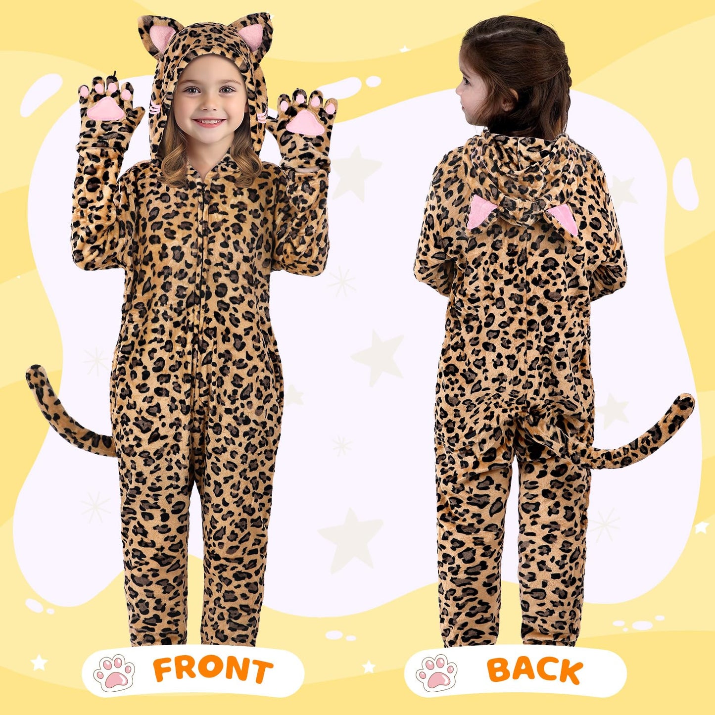 GIFTINBOX Leopard Costume Kids, Zip-Up Hooded Onesie Girls, Cat Costume for Girls Dress Up, Halloween Animal Costumes for Kids 5 6 7 8 9 10 11