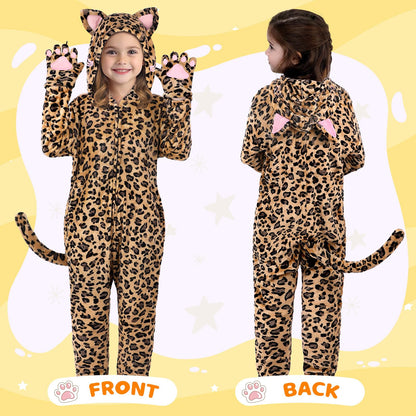 GIFTINBOX Leopard Costume Kids, Zip-Up Hooded Onesie Girls, Cat Costume for Girls Dress Up, Halloween Animal Costumes for Kids 5 6 7 8 9 10 11