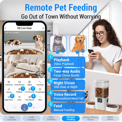 Frienhund Automatic Cat Feeder with Two HD Camera for 2 Cats: 7L Large Automatic Dog Feeder with Night Vision, 5G WiFi Auto Cat Food Dispenser for Multiple Pet, Detachable for Easy Cleaning - 29 Cup